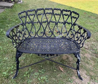 Vintage Victorian Style Cast Aluminum Garden Bench Scrolled Hearts Rare - Image 1 of 4