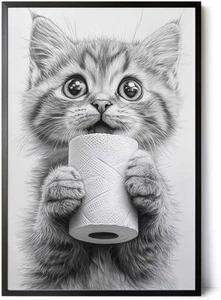 Lustiges Katzenbild mit Toilettenrolle 30x45cm Rahmen schwarz - Süße WC-Deko - Bild 1 von 9
