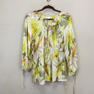 H&M Green Tropical Floral Drawstring Long Sleeve Flowy Blouse NWT Size M - Picture 1 of 12