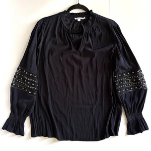 Chicos Beaded Top Size 2.4 US 14 Navy Blue Puff Sleeve Dressy Lace Cutout Blouse - Picture 1 of 6