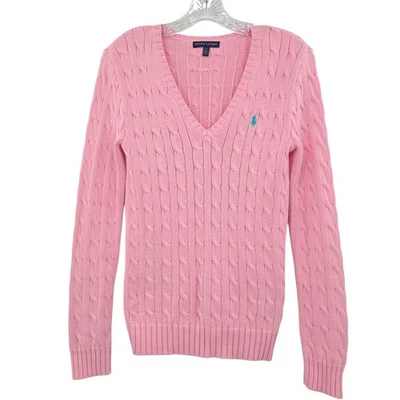 Suéter Ralph Lauren para mujer 100 % algodón tejido con cable rosa pequeño Foto 1 de 4