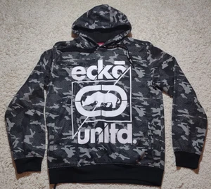 Ecko Unltd Hoodie Men's Medium Black Gray Camo Pullover Rhino Logo Sweatshirt - Picture 1 of 11