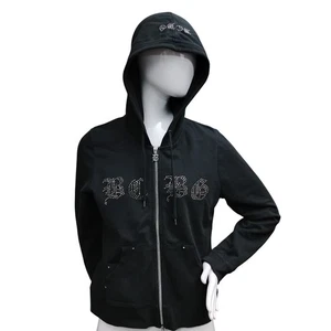 BCBG Maxazria Hoodie Sweatshirt mit durchgehendem Reißverschluss Größe Large schwarz Logo mit Schmucksteinen - Bild 1 von 10