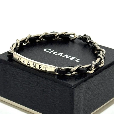 CHANEL Logo Plate Leather Chain Bracelet Black Silver Accessory Authentic JAPAN - Image 1 of 4