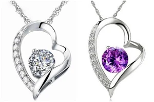 Halskette Herz Anhänger 925 Silber plattiert Weiß /Lila Swarovski Kristalle 115  - Bild 1 von 5