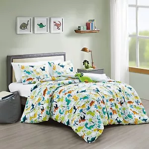 Blue Green Yellow Kids Bedding Printed Dinosaurs Comforter Set w/ Dino Pillow - Picture 1 of 10