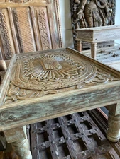 Accent Coffee Table, Carved Surya Rustic Wood Chai Tables, Washed Blue Table