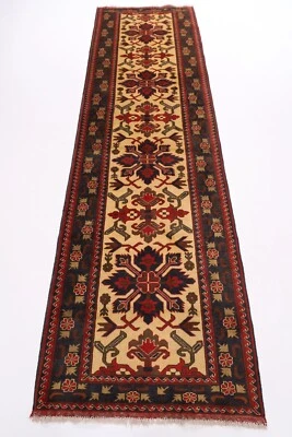 10 ft Hallway Tribal Beige Runner Rug Afghan Hand Knotted Wool Bedroom Rug - Image 1 of 4