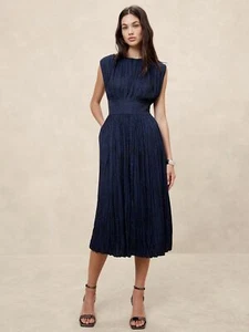 NWT Banana Republic Factory Pleated Midi Dress Blue Dot Sz 0, 2 - Picture 1 of 3