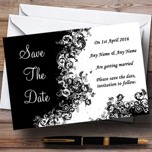 Black White Swirls Personalised Wedding Save The Date Cards - Picture 1 of 1