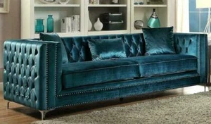 Chesterfield Samt Sofa 3 Sitzer Designer Turkis Couchen Couch Stoff Polster Neu - Bild 1 von 12