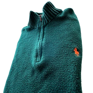 Suéter Polo Ralph Lauren 1/4 Cremallera Para Hombre L Verde Peso Pesado Algodón Hilo Italiano - Imagen 1 de 9