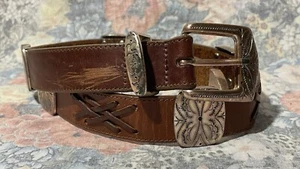 Vintage 1991 Brighton Brown Leather Floral Concho Square Metal Medallion Belt M - Picture 1 of 9