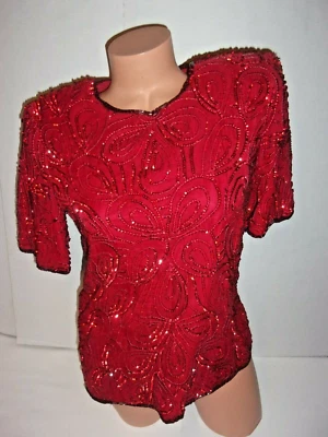 Vtg Denise Elle beaded & sequin red silk lined formal cocktail top small - Image 1 of 3