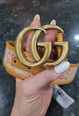 Gucci GG Marmont G Print WIDE Belt 75 30 Tan Leather Raffia Straw Pink Mono $750 - Image 1 of 4