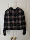 Women Gant Checked Blue Plaid Short Duffle Coat Hooded Wool Toggle Size S