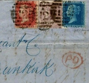GB LATE MAIL Cover 2d Blue 1863 3-COLOUR FRANKING Dunkirk SG.45 84 42(MA) {s}L88 - Picture 1 of 5