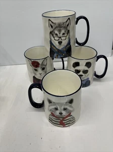 Coffee Tea Mugs lot of 4 Signature Housewares Inc rabbit racoon panda wolf - Picture 1 of 5