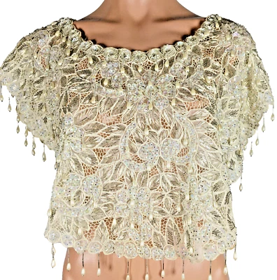 VTG Iridescent Wedding Shrug Shawl Cape Sequin Glass Pearl Fringe Beaded Bridal - Image 1 of 4