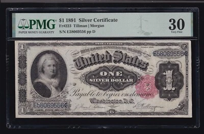 US 1891 $1 Martha Silver Certificate FR 223 PMG 30 Ch VF (556) - Image 1 of 2