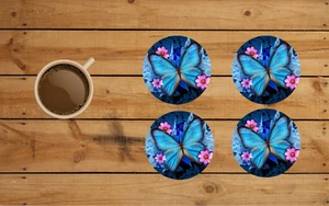 BLUE BUTTERFLY DESIGN ROUND COASTER SET OF 4 CUSTOM MADE 3.5" - Picture 1 of 2