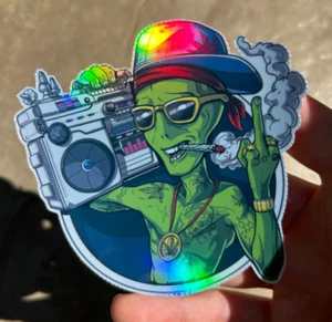 Trippy Alien Holographic Sticker Waterproof Vinyl Weed Psychedelic 420 Art Decal - Picture 1 of 2