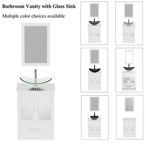 24" Modern Weiß Waschtisch für Badezimmer Glas Waschbecken mit Wasserhahn Pop Up Ablauf - Bild 1 von 64
