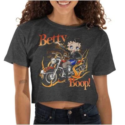 Camiseta corta motociclista Betty Boop flameante de dibujos animados para mujer borde crudo Foto 1 de 4