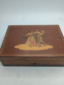 Caja de baratija vintage con incrustaciones de madera para pareja de baile de marquetería tapa con bisagras  - Imagen 1 de 19