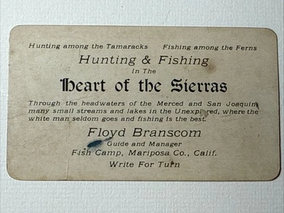 Tarjeta publicitaria guía Floyd Branscom Mariposa Co CA de colección años 20 guía de caza y pesca Foto 1 de 4