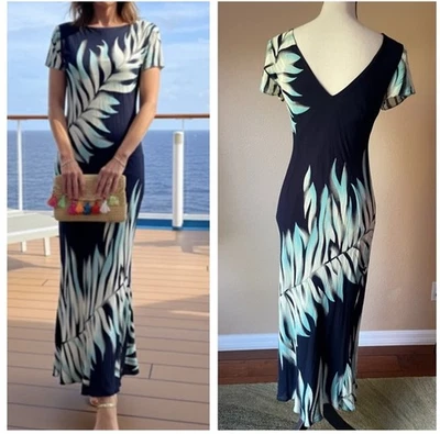 Vintage palm leaves print short sleeve V-back midi/Maxi Dress Size S - Image 1 of 4