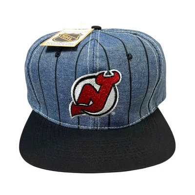DEADSTOCK VTG 90s NHL NEW JERSEY DEVILS  AJD PINSTRIPE SNAPBACK HAT SIZE FREE - Image 1 of 4