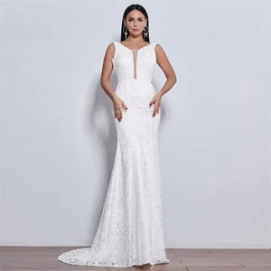 Customized Elegant Lace Mermaid Wedding Dress Deep V Neck Sleeveless Bride Gowns - Picture 1 of 8