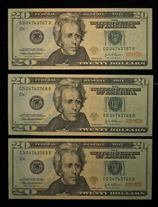 Banconote A $20 Federal Reserve 2004 - 3 numeri di serie consecutivi CU TQP0639/CN - Foto 1 di 2
