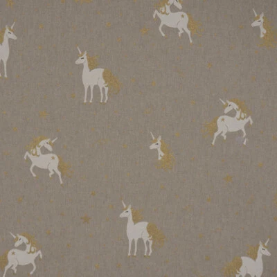 Dekostoff Einhörner mit goldenen Metalliceffekten natur weiß gold  1,40m Breit - Bild 1 von 4