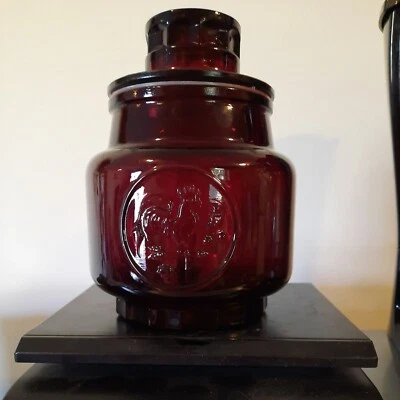 Vintage Wheaton NJ Ruby Glass Cannister Covered Jar Rooster & Sun - Image 1 of 4