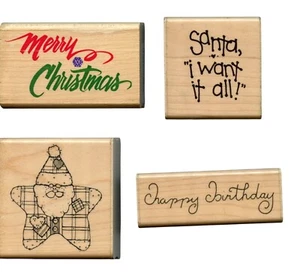 Juego de 4 estampillas de goma montadas en madera Feliz Navidad Papá Noel cumpleaños diseño estrella C - Imagen 1 de 2