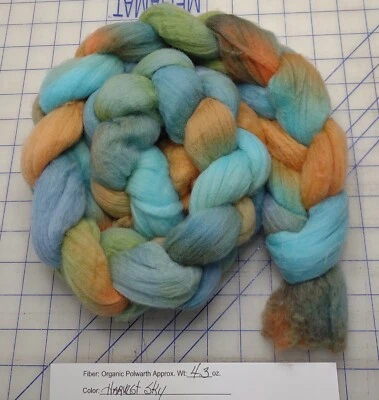 Organic Polwarth Wool Handpainted Combed Top Roving Spinning Felting Harvest Sky - Image 1 of 2