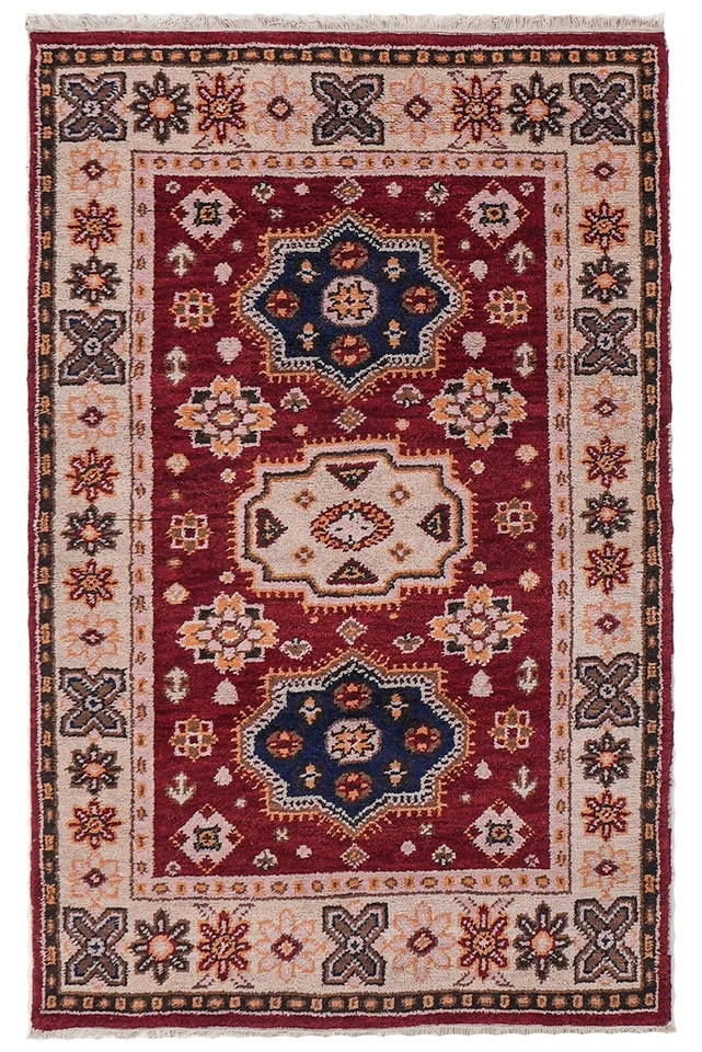 Hand Knotted Afghan Wool And Silk Area Rug Oriental Red Cream BBH Homes BBAF0104 - Image 1 of 1