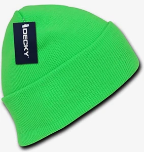 Neon Knit Cuff Long Beanie Hat Winter Cap - Green - Picture 1 of 2