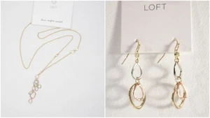 Ann Taylor Women's Tri Color Ring Y Necklace And Drop Earrings NWT 35.40 29 - Picture 1 of 9