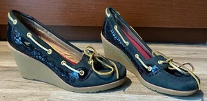 Sperry top sider womens leather goldfish wedge Sz 9.5 M Black Shoes Leopard Prin - Picture 1 of 9