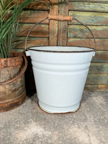 Vintage French Blue Rustic Hanging Enamel Milking Bucket Garden Planter Tub Cover