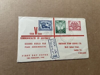 Australia 1946 FDC +WWII Victory Set #SG 213-15 +V-Sign Cachet +Scarce - Image 1 of 2