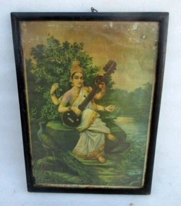 Vintage alte seltene R.U & V. Presse hinduistische Göttin Sarswati mit Veena Litho Druck - Bild 1 von 7