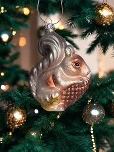 Alte Welt Weihnachten mundgeblasen Glas Ornament Wald Eichhörnchen Tannenzapfen Glitzer OWC - Bild 1 von 6