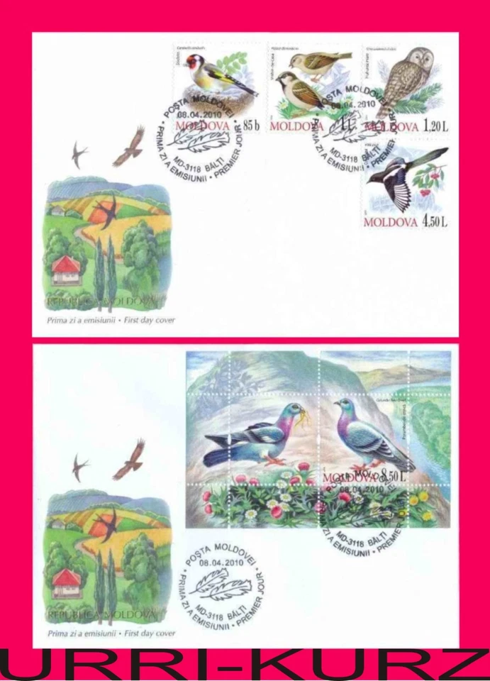 MOLDOVA 2010 Nature Fauna Birds Goldfinch Owl Magpie Sparrow Pigeons 2 FDC - Image 1 of 1