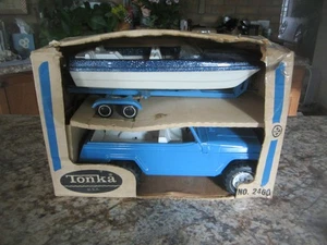 Tonka Jeep Jeepster W/ Plastic Boat & Trailer Blue Vintage Pressed Steel Nice - Picture 1 of 17