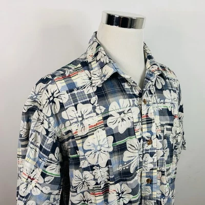 Orvis XL Hawaiian Shirt Patchwork Plaid Floral Print Blue White Short Sleeve - Image 1 of 4