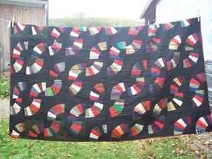40’s Grandma core Fan Quilt Black/Lined Red  Coverlet Hand Stitched Flawed READ - Picture 1 of 23